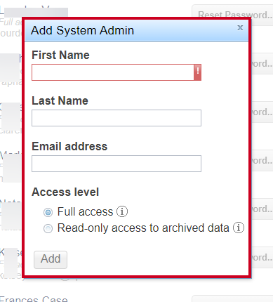Add System Admin Pop Up