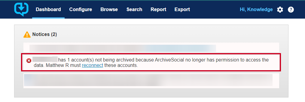 Dashboard notification example