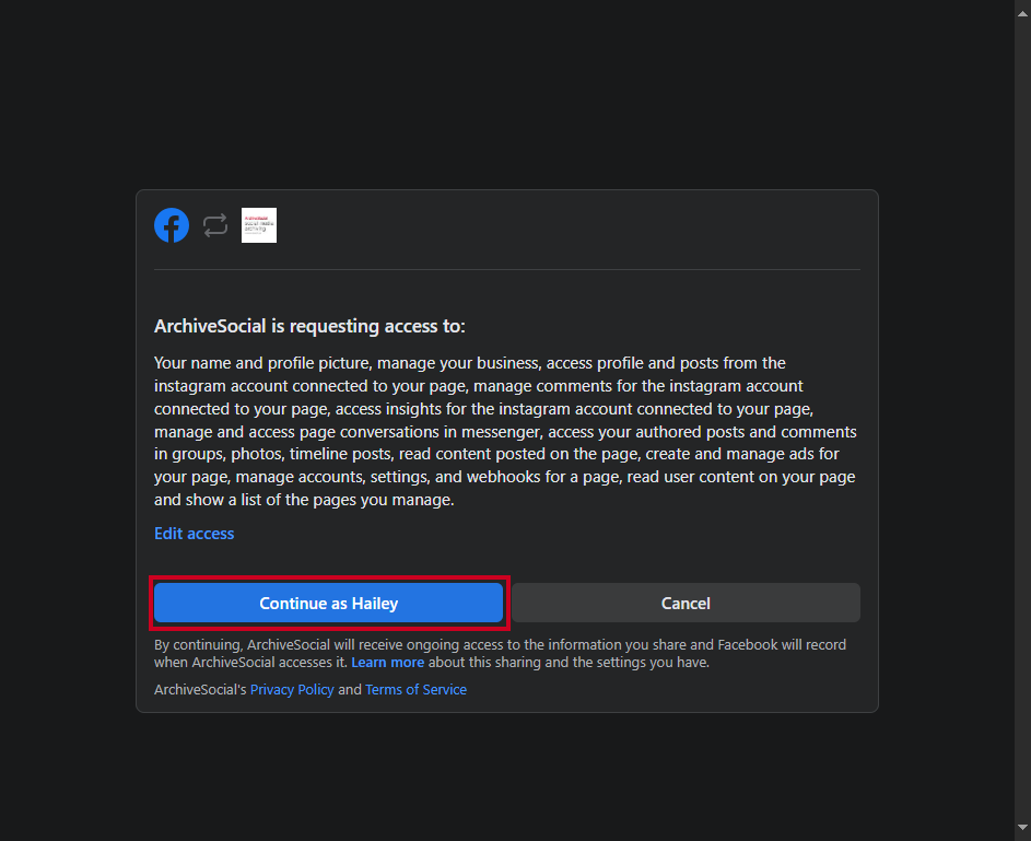 Requesting access continue as example.