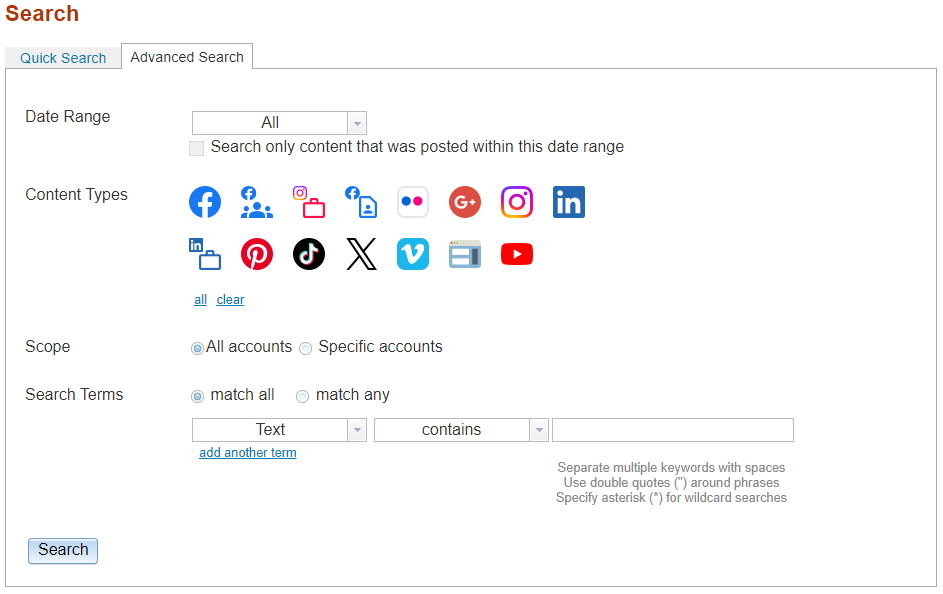 social media archiving advanced search with filtering fields at the bottom and a search button to the bottom left of the container.png