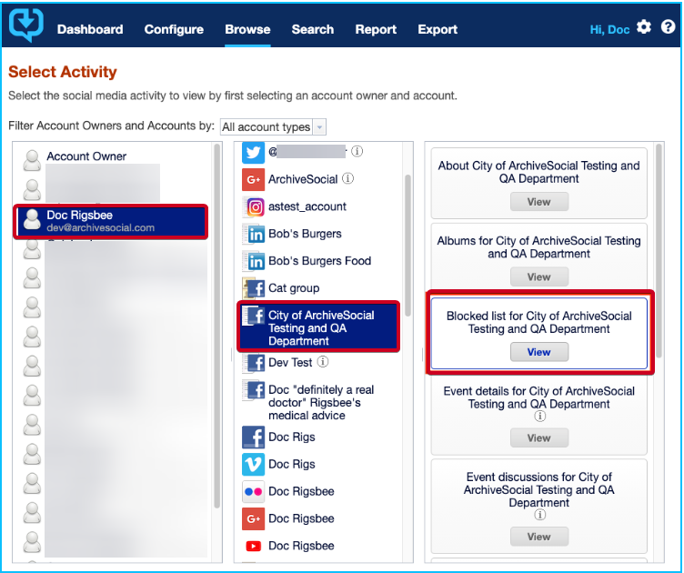 social media archiving browse tab with an account highlighted, an account type highlighted, and the blocked list for the account highlighted.png