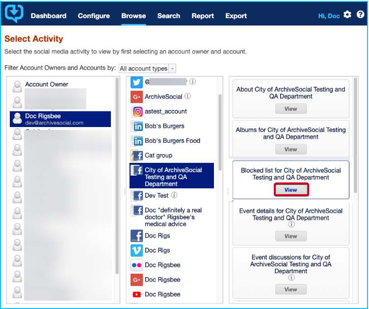 social media archiving browse tab the view button highlighted for the account blocked list.png