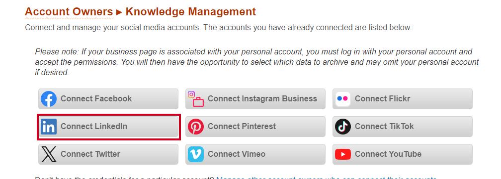 The Connect LinkedIn button in a list of social media options.