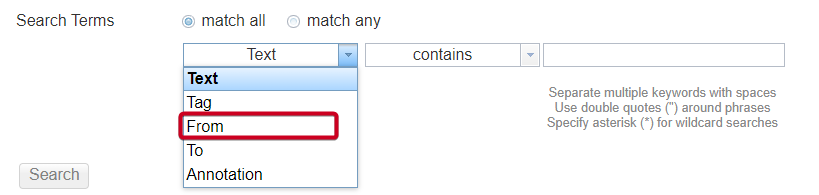 advanced search in the search terms area with from highlighted in the text box drop down.png