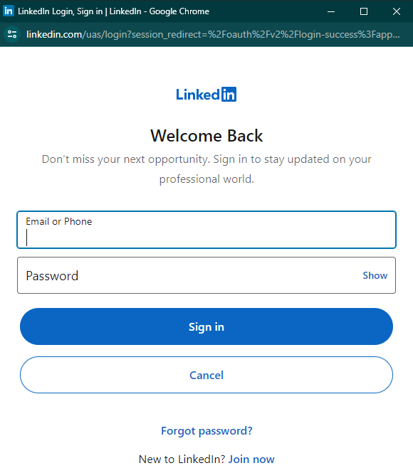 LinkedIn's pop-up Sign In window.