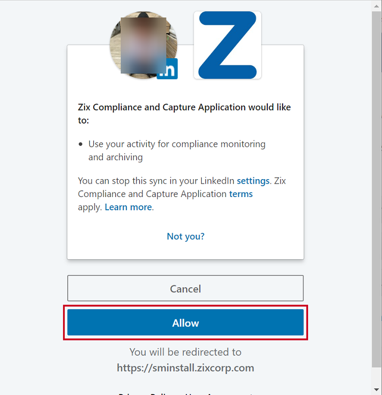 Zix's confirmation prompt allows you to Allow or Cancel the connection.
