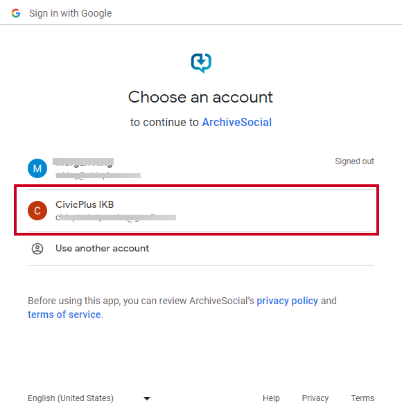 Select your Google account popup window.