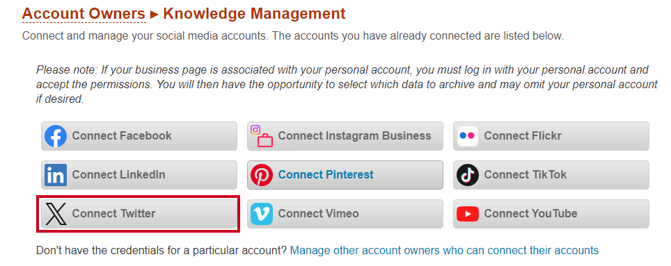 Connect Twitter button for Admins