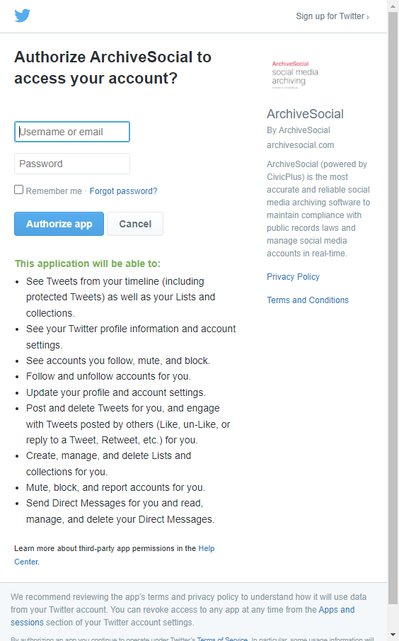 Authorize Twitter use for archive