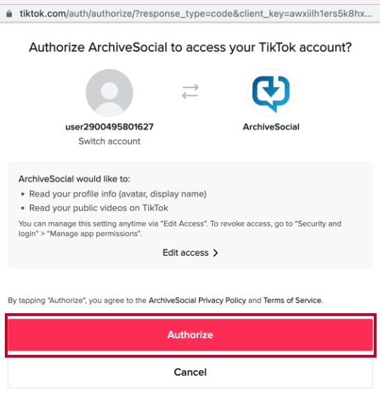 authorize tiktok archive popup