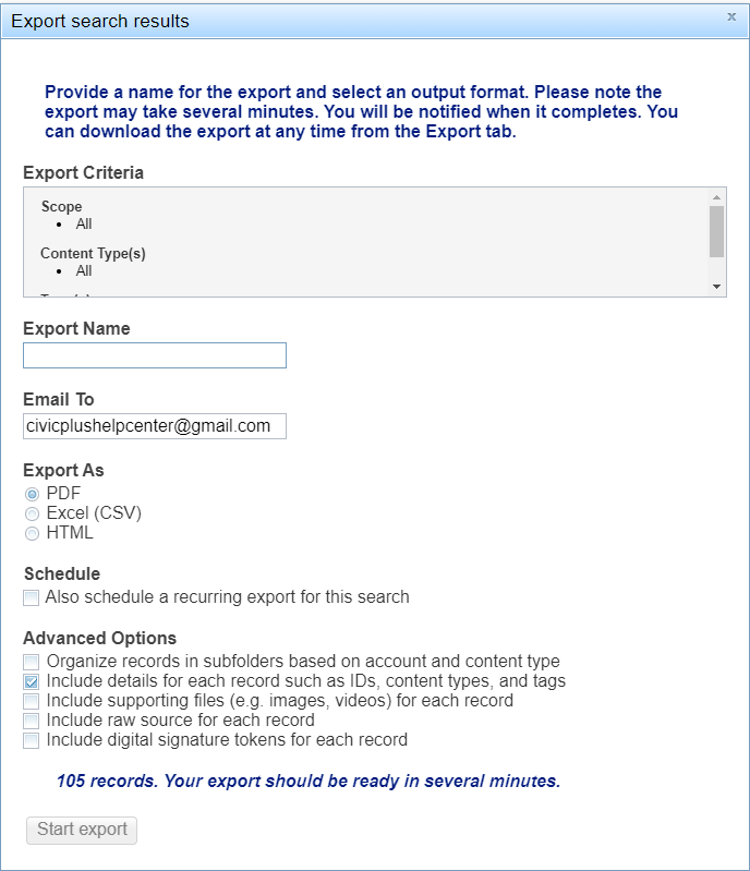export information modal including export criteria, name, recipient information, type, schedule, and advanced options.png