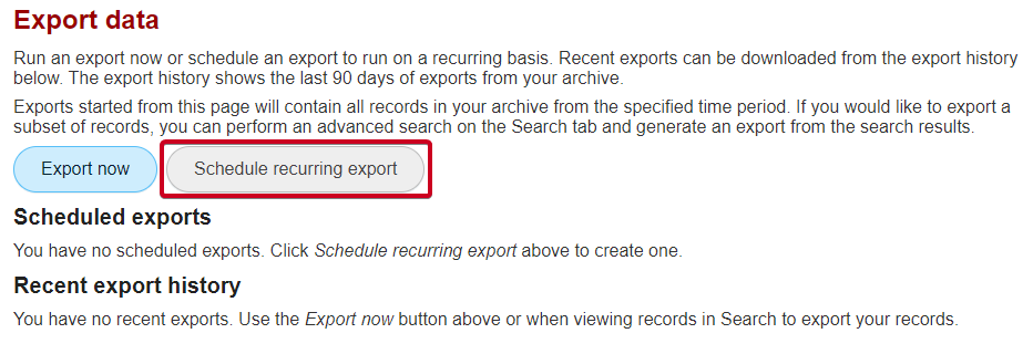 social media archiving export tab with the schedule recurring export button highlighted.png