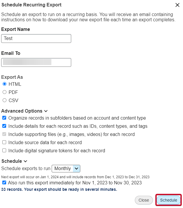 schedule button highlighted in the schedule recurring export modal.png