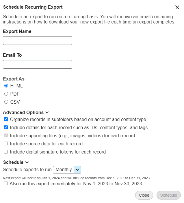 schedule recurring export modal with information like export name, file type, advanced options, and schedule.png