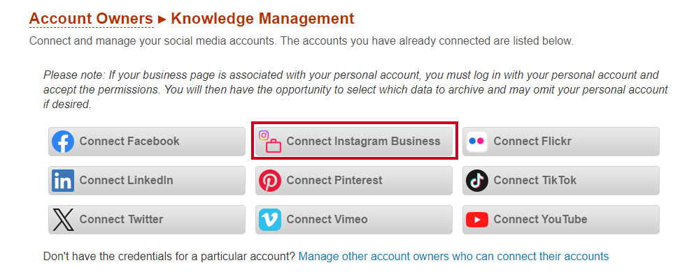 Connect Instagram Business account button.