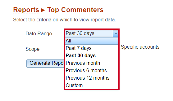 Choose date range for top commenters report