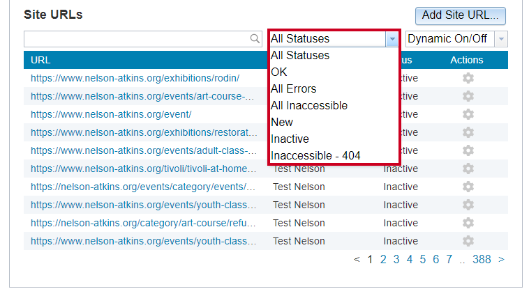 site URLS dropdown options.