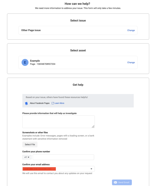Facebook Get Help fields.