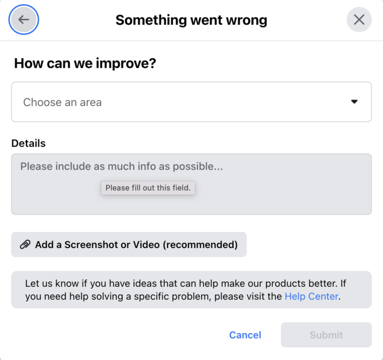 Facebook Something Went Wrong fields.