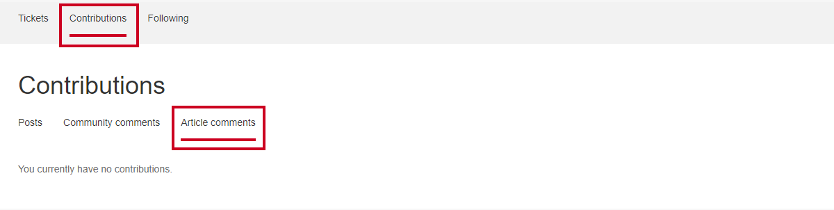 A list of comments the user left on the help center's articles.
