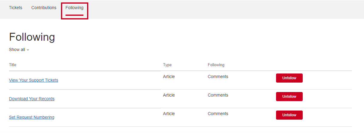 A list of articles the user follows.