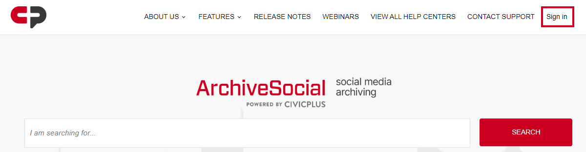 The sign-in button for Social Media Archiving's Help Center.