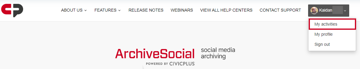 The My Activities option in the user's profile menu.