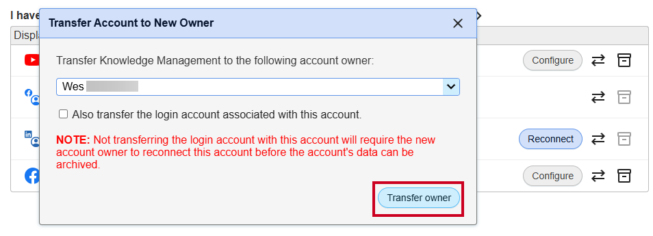 Transfer Facebook Owner button.